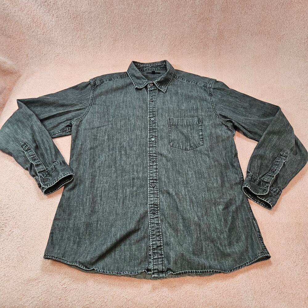 UNIQLO Long Sleeve Denim Shirt Size L Black Cotton Button Down 100% Cotton